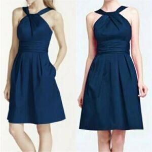 David’s Bridal Twist Y-Neck Halter Mini Fit & Flare Dress Pockets Navy Size 12